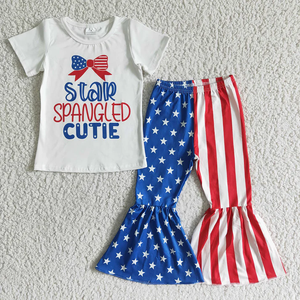 Vente en gros de tenues pour enfants, filles, tout-petits, décontractées, écologiques, à l'effigie du 4 juillet, hauts imprimés + ensembles de pantalons évasés, tenues patriotiques - Product Image 6