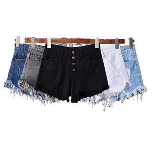 Cộng với kích thước Chất lượng cao Phụ nữ mùa hè rộng chân quần short ăn xin thô cạnh quần short nóng màu xanh đen xám tách ra Quần short denim ngực - Product Image 1
