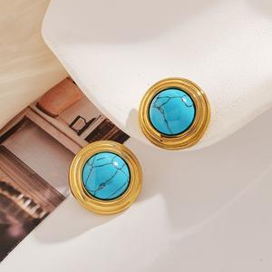 Stud Earrings Blue Turquoise <b>Round</b> Bezel Setting 18k Gold Plated Stainless Steel Ear <b>Posts</b> Fashion Jewelry - Product Image 4