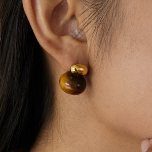 <b>Stud</b> <b>Earrings</b> Tiger Eye Ball Shape 18K Gold Plated Stainless Steel Geometric Design Fashion Jewelry - Product Image 2
