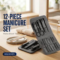 Ensemble de manucure avec outils en acier au carbone, étui gris texturé pour maquillage, soins des ongles et outils essentiels