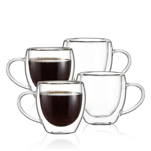 Customizable Colored Double Wall Glass Barrel Shape 12oz 350ml Coffee Mugs Insulated Clear Coffee Cups for Latte Tea