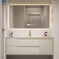 Meuble de salle de bain mural étanche au design unique, en bois massif, avec 2 portes miroir