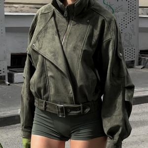 Chaqueta Verde de Gamuza de Alta Calidad, Chaqueta Corta Holgada Estilo Biker, Chaqueta Casual a Prueba de Viento - Product Image 1