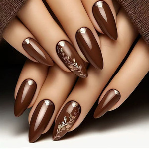 24 Pièces Faux Ongles en ABS à Couverture Complète, Effet Feuille d'Or Ambre Brillant, Forme Amande Embossée, Style Français, pour Femmes, à Coller - Product Image 6