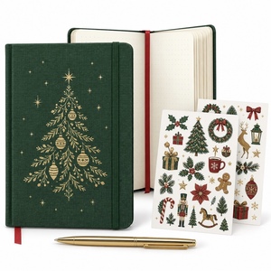 Christmas Journal <b>Notebook</b> with Sticker Sheets and Gold Pen Gift <b>Set</b> Hardcover Fabric Cover A5 Size Decorative Tree Design - Product Image 3