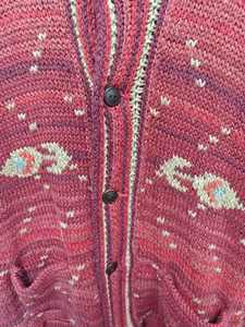 Artisan Crafted Casual Rustic Red <b>Knit</b> <b>Cardigan</b> with Cozy Hood Button Closure Intricate Fish Motif Design Front Logo - Product Image 3