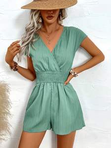 Surplice Neck <strong>Shirred</strong> Waist <strong>Jumpsuit</strong> Casual Solid Short Sleeve Back Bow Summer Women Beach Romper <strong>Jumpsuits</strong> - Product Image 3