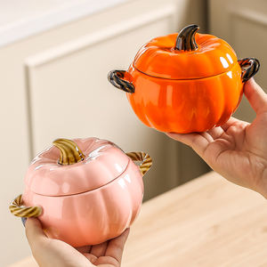 Pot de soupe à poignée à double oreille en céramique en gros d'usine avec forme de citrouille pour servir des casseroles - Product Image 4