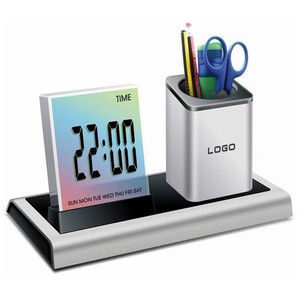 Digital Clock Pen Holder With Calendar Square Plastic Office Stationery Custom Logo Printing Business Gift - Product Image 1