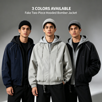 Blouson bomber à capuche superposé pour homme, coupe décontractée, effet deux pièces, coupe-vent léger, vêtement de sport, double fermeture éclair, streetwear, noir