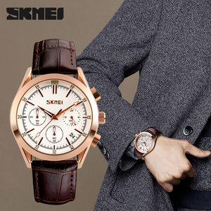 Montre chronographe ronde pour homme, bracelet en cuir de luxe, montre à quartz étanche 30M - Product Image 1