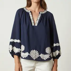 OEM new design women V-Neck Embroidery Blouse 100% Cotton pop over blouse