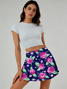 กระโปรงมินิทรงเอเอวสูงสีน้ำเงินกรมท่าลายดอกกุหลาบสีชมพูสำหรับผู้หญิง ผ้าใยนมยืดหยุ่นสูง สไตล์วายทูเค ย้อนยุค ลำลอง - Product Image 3