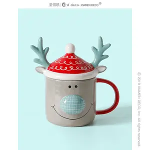 OEM ODM Personal Gift Giving Ceramic Christmas Deer 3D Mug Elk Mus with Antlers Lid