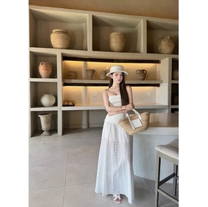 Wholesale 2026 <b>Summer</b> Women Elegant Strapless Eyelet Lace Maxi <b>Dress</b> <b>Boho</b> Beach Vacation Resort Wear Outfits - Product Image 1