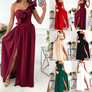 Dropshipping Shopify Plus <b>Size</b> Womens <b>One</b> Shoulder Sleeveless Ruffle Hem Side Slit Maxi <b>Dress</b> Elegant Summer - Product Image 5