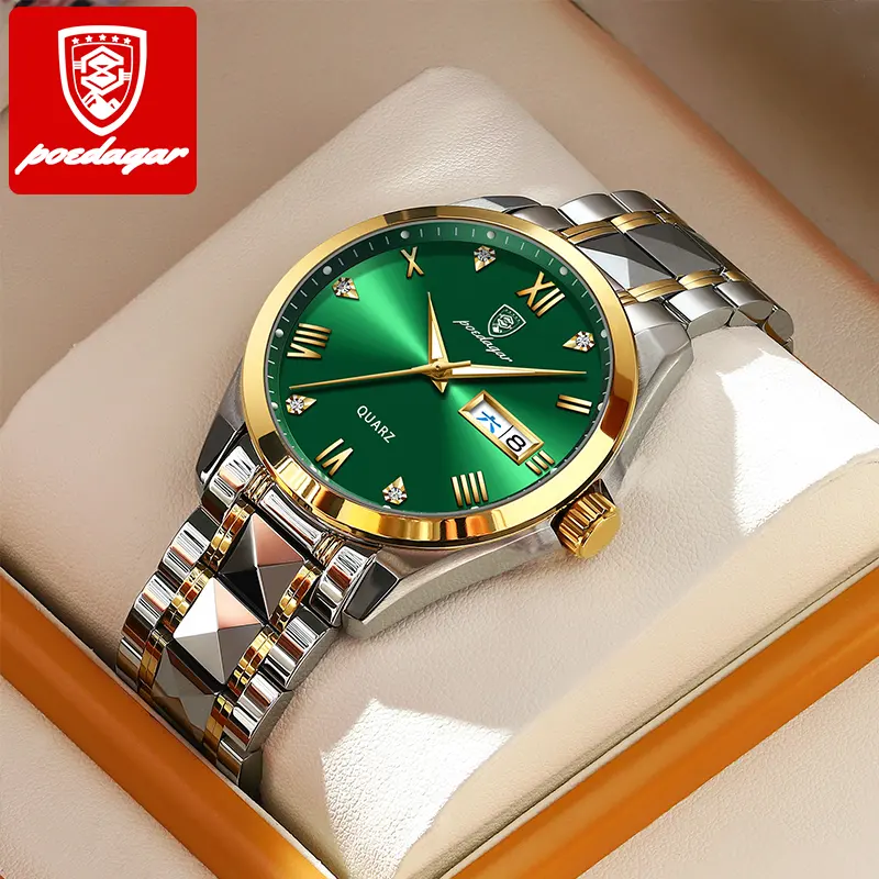 Poedagar Top Brand Luxury Fashion Stainless Steel Green Dial Watch Men Waterproof Luminous Week Date Sport Men Quartz Wristwatch