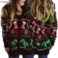 Logo personnalisé Flocon de neige de Noël Coeur Arbre Jacquard Col V Épaule tombante Manches longues Bouton Cardigan Pull Tricot Femmes
