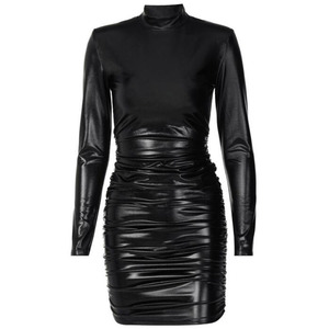 Mini <span class=keywords><strong>abito</strong></span> <span class=keywords><strong>in</strong></span> <span class=keywords><strong>pelle</strong></span> Pu increspato dolcevita manica lunga fasciatura aderente Sexy Streetwear Party eleganti abiti da Club autunno inverno - Product Image 5