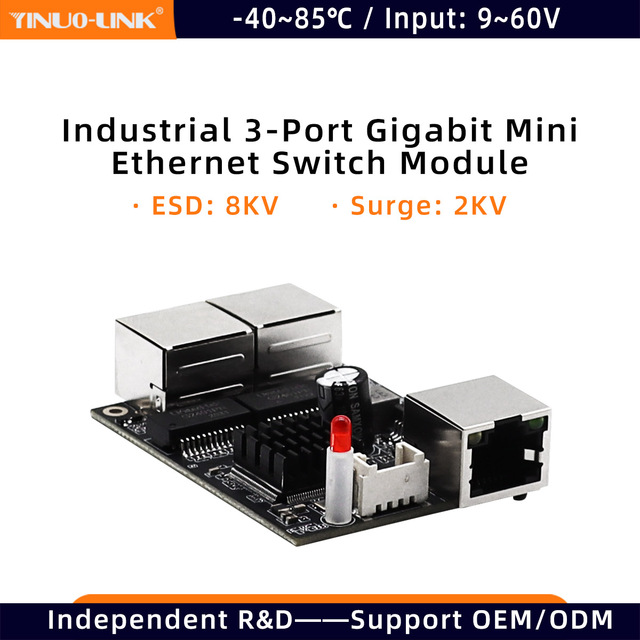 YINUO-LINK YN-IES103 Non-Managed Mini Industrial Switch PCBA Stackable 9-60V 10/100/1000Mbps 6Gbps Capacity Gigabit Switch
