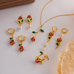 Lovely Rose Earrings Brass Freshwater Pearl Red Flower Rose Pendant Necklace Earring Ring Set