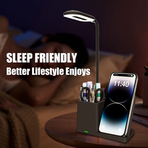 Lampe de bureau à charge sans fil avec support pour stylo, bras flexible, gradation tricolore, commande tactile, chargeur sans fil 3-en-1 15W, design moderne - Product Image 1