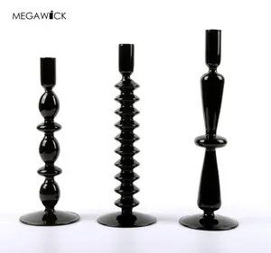 Candelabro cónico de vidrio negro de fábrica, portavelas de vástago alto decoración del hogar