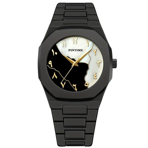 Reloj de pulsera minimalista con caja negra mate, esfera con números arábigos, brazalete de eslabones, reloj de cuarzo de moda para negocios, para el mercado de Oriente Medio. - Product Image 4