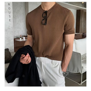 Maglietta estiva da uomo <span class=keywords><strong>a</strong></span> maniche corte, girocollo, sottile, in maglia, vestibilità slim, elasticizzata, trendy, versatile, con elegante striscia verticale. - Product Image 2