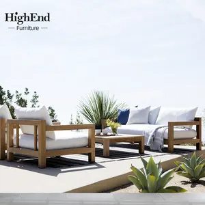 Furnitur grosir furnitur taman tropis Outdoor mebel kayu dengan Set bantal Sofa Sectional tempat tidur modern Sofa luar ruangan