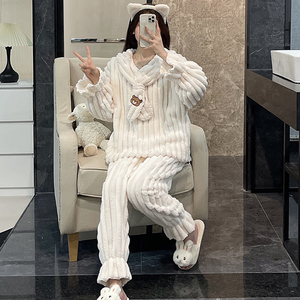 Pigiama Casual autunno inverno da <span class=keywords><strong>donna</strong></span> a maniche lunghe in cotone poliestere <span class=keywords><strong>Homewear</strong></span> Suit con stampa termica abbottonata disponibile taglie forti - Product Image 3