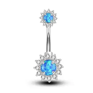316L Stainless Steel Clear CZ and Blue Real Opal Navel Rings Belly Button Rings Navel Piercing Body Jewelry