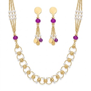 Conjunto de Collar y Pendientes de Plata 925 Italiana con Eslabones Circulares Dorados y Cuentas para Mujer, Joyería de Moda - Product Image 1