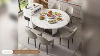 Table à manger ronde extensible avec armoire latérale, plateau en pierre frittée, chauffe-plat intégré, panneau de densité blanche