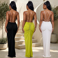 Robe longue moulante personnalisée pour femme, décolleté plongeant en V, bretelles spaghetti, dos nu, froncée, fendue, pour soirée et fête