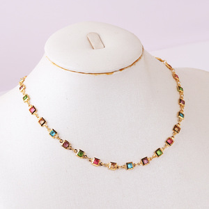 Wholesale 18K Gold Plated <b>Copper</b> Neck Jewelry Square Multi Color Zircon Inlay Thin Anti-fade Trendy Versatile Waterproof <b>Chain</b> - Product Image 2