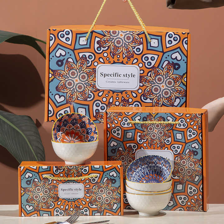 Bohemian Style 4Pcs Colorful Ceramic Rice Chopsticks Bowl Gift Set Eco-Friendly Dishwasher Safe Dinnerware Sets