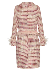 Bộ thời trang Xuân Thu Mẫu mới 2025 Thiết kế dành cho nữ Áo khoác đính hạt lông vũ có túi + Váy ngắn kẻ caro hồng dệt - Product Image 2