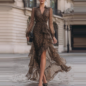 <span class=keywords><strong>Abito</strong></span> <span class=keywords><strong>Lungo</strong></span> Elegante Vintage 2026 con Stampa Leopardata, Scollo a V, Vita Alta e Orlo a Balze - Product Image 1
