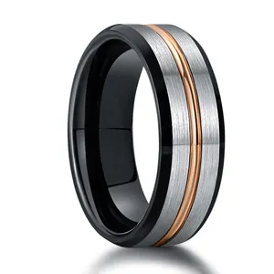 8mm Tungsten Carbide Ring Beveled Edges Brushed Groove Preto e Rose Gold Wedding Bands para Homens Mulheres Moda Jóias Anéis