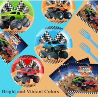 Ensemble de fournitures pour fête d'anniversaire Monster Truck : Assiettes, gobelets, serviettes, nappes, bannière, ballons, décorations de gâteau, fourchettes, vaisselle jetable