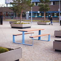 Table de pique-nique modulaire d'extérieur avec bancs, en acier perforé et lattes de bois, ensemble de mobilier de jardin, table à manger stable en acier galvanisé