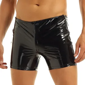 Sıcak satış erkek lateks yan fermuar şort siyah sıcak Boxer sıkı deri külot kısa pantolon