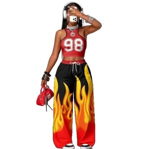 Conjunto de 2 Piezas de Ropa Deportiva Urbana de Moda Hip Hop para Mujer, Chaleco Estampado Informal y Pantalones Anchos de Alta Calidad - Product Image 1