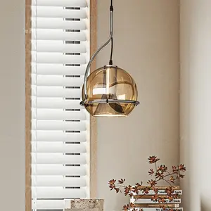 Keli Decorative Room Hanging Lamp Amber Color Glass Round Shape Suspended Indoor Modern Led Chandelier Pendant Light
