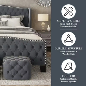 Cadre de lit capitonné gris de luxe <span class=keywords><strong>avec</strong></span> garniture cloutée, taille Queen, ensemble de meubles de chambre à coucher - Product Image 6