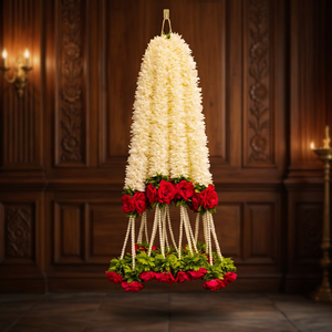 Guirnalda colgante de flores de jazmín Mogra artificial blanca premium con rosas rojas y cuentas de perlas Jhumar para la puerta del hogar - Product Image 2