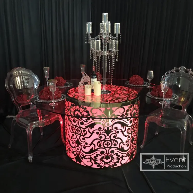 מפואר מעשי אוכל שולחן עם זכוכית למעלה תאורה משתה עגול LED שולחן חתונה