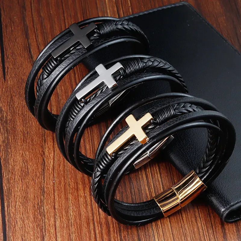 Black Genuine Leather Christian Bracelet Hotsale Charm Cross Stainless Steel Mens Wrap Bangle Bracelets For Man Gift